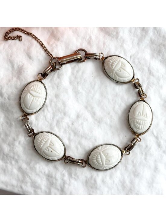 Jewelry - Egyptian Revival Scarab White Milk Glass Beetle Silver T 80's Vintage Bracelet